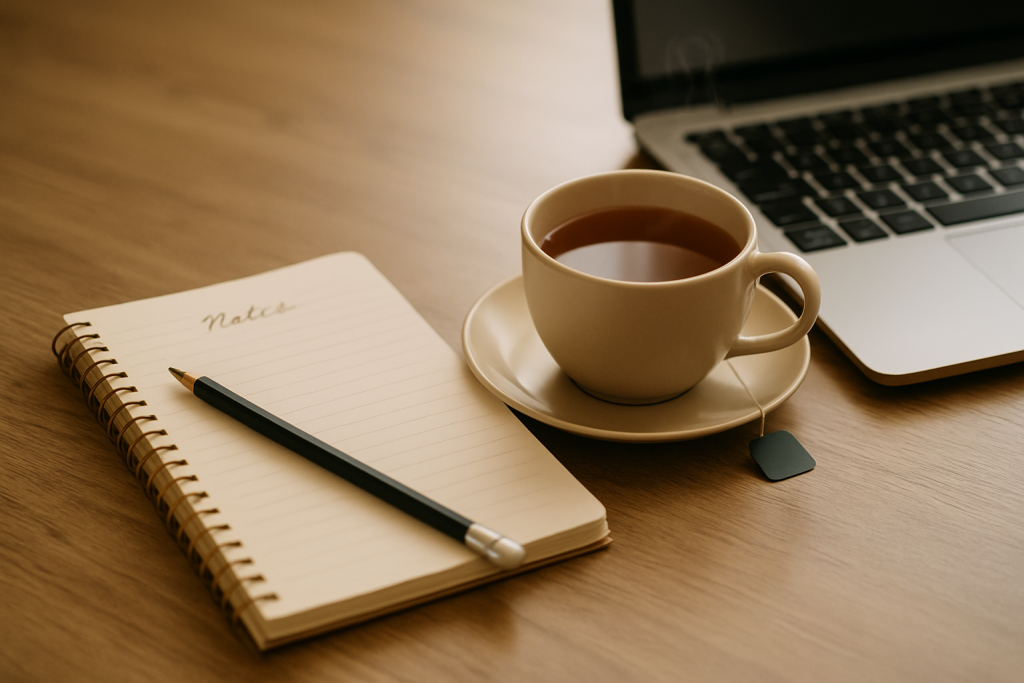 Bureau avec un carnet de notes, une tasse de thé et un ordinateur portable