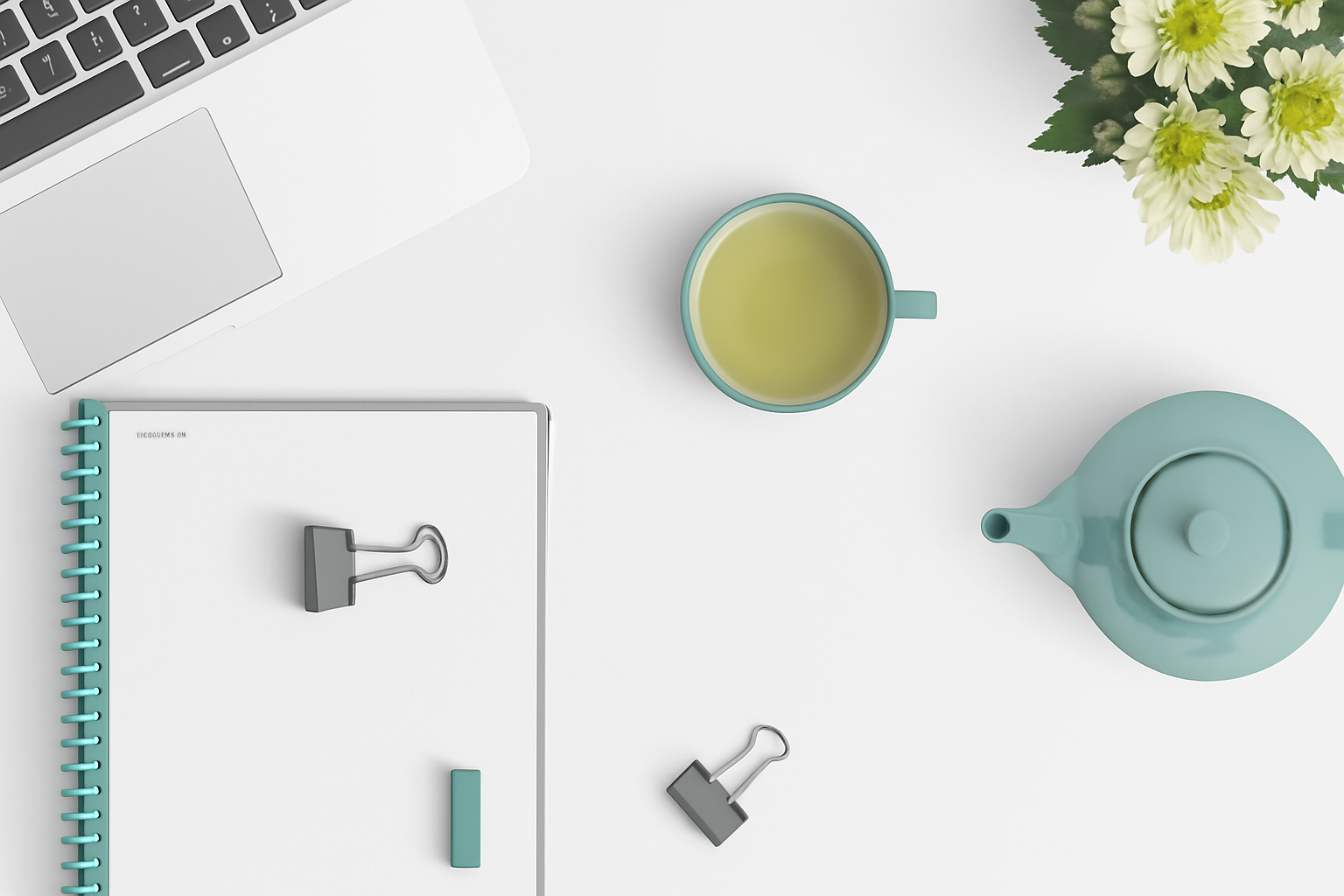 Un carnet de note, une tasse de thé, une théière et un ordinateur portable