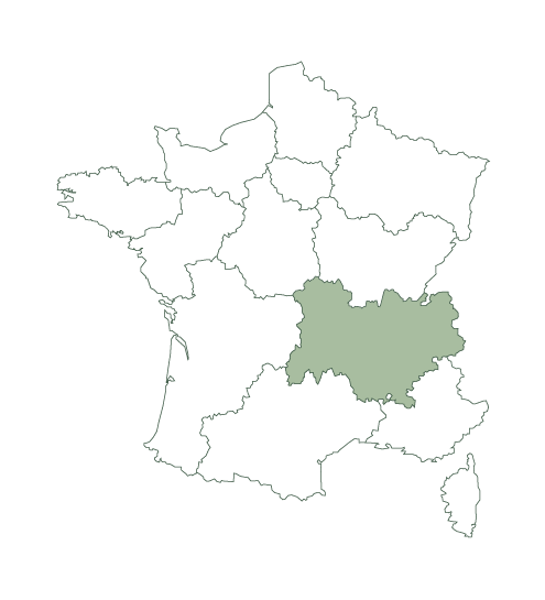 Carte de france avec les régions dont la région Auvergne Rhône Alpes mise en surbrillance